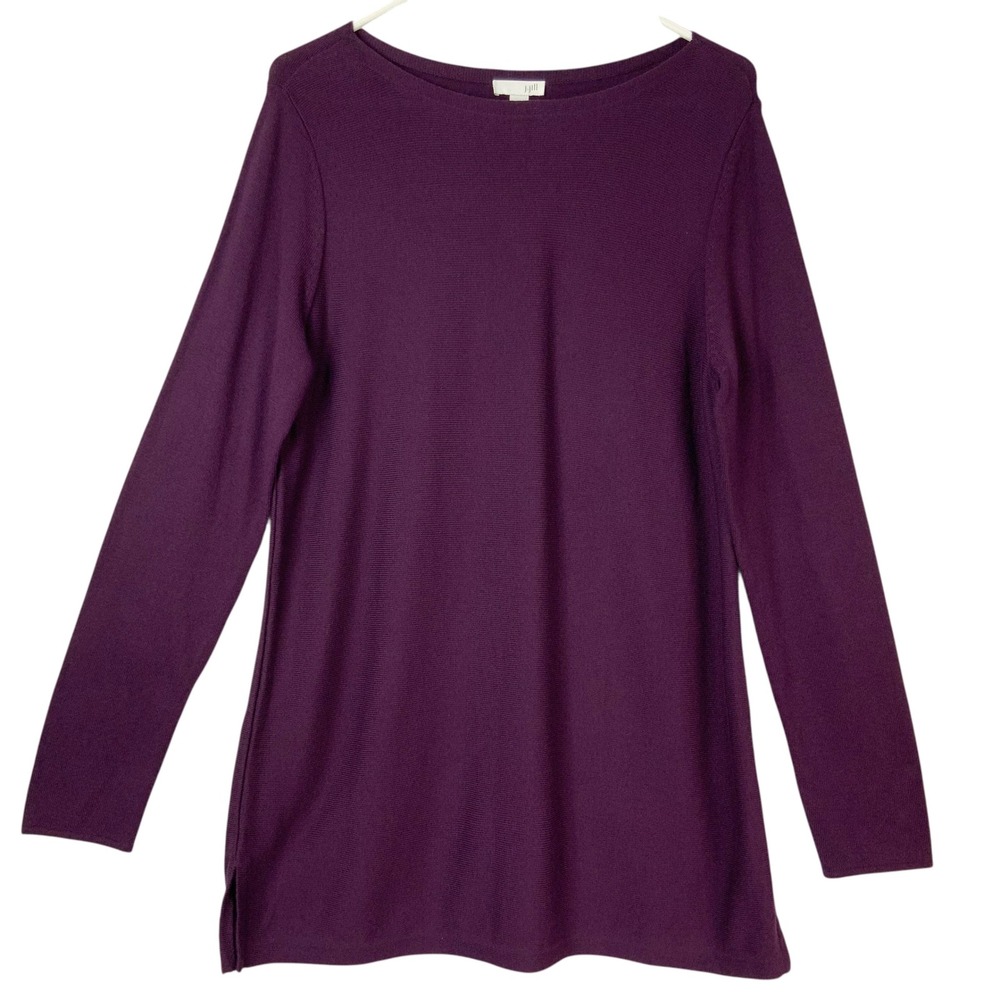 J. Jill Purple Tunic Knit Sweater S Pullover Boat Neck Long Sleeve Side Slits